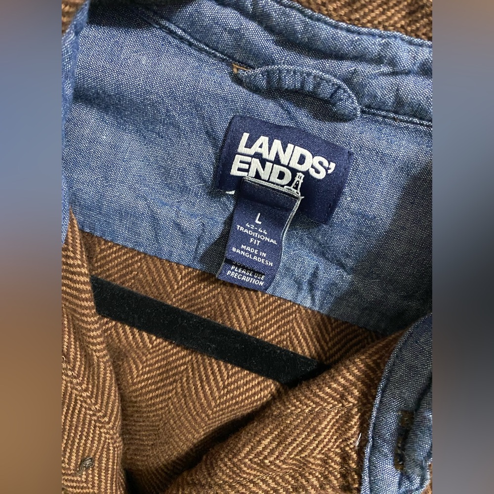 Lands End Chevron Brown Button-Up Flannel Shirt - Picture 5 of 7